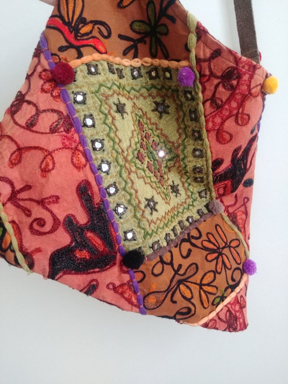 Made in Nepal 100% cotton patchwork embroidered orange green hippie bag tote